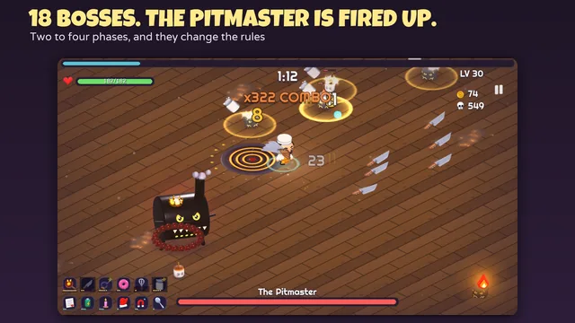 Boss fight in Chef Survivor against The Pitmaster, a 3D barrel smoker with a firebox for a mouth, with its health bar