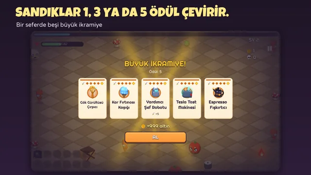 Chef Survivor'da büyük ikramiyeyle açılan bir hazine sandığı: yan yana beş ödül — Gök Gürültüsü Çırpıcı, Kar Fırtınası Kaşığı, Yardımcı Şef Robotu, Tesla Tost Makinesi ve Espresso Fışkırtıcı — ve +999 altın