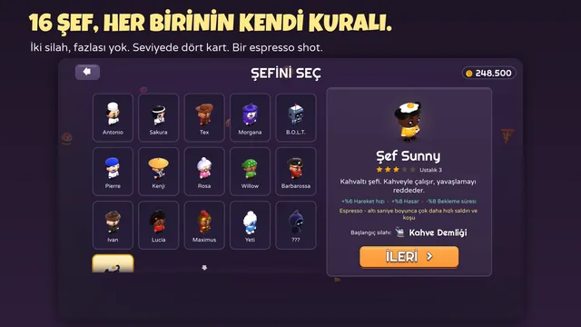 Chef Survivor şef seçme ekranı: Şef Sunny vurgulanmış — Kahve Demliği ile başlar, Espresso Shot yeteneği, +%6 hareket hızı, +%8 hasar ve -%8 bekleme süresi