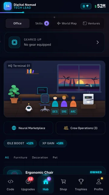 Digital Nomad Tycoon: the office, furnished, with a crew of three